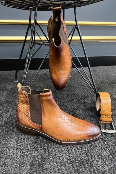 Tan Wedding Groom Woven Leather Chelsea Boots for Men by GentWith.com with Free Worldwide Shipping