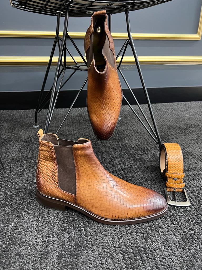 Tan Wedding Groom Woven Leather Chelsea Boots for Men by GentWith.com with Free Worldwide Shipping