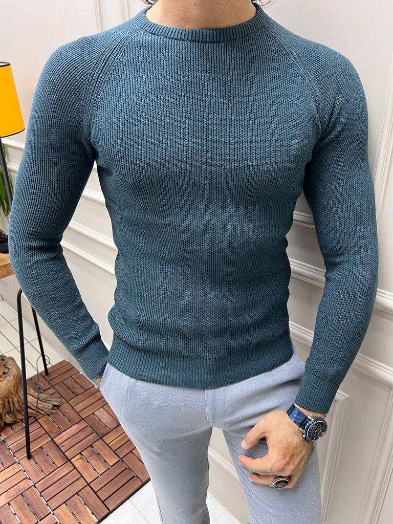 Teal Slim Fit Crewneck Sweater for Men by GentWith.com with Free Worldwide Shipping