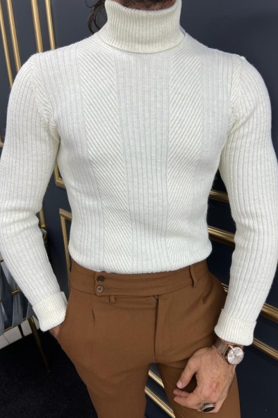 White Slim Fit Turtleneck Striped Sweater for Men by GentWith.com with Free Worldwide Shipping