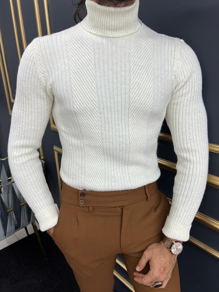 Brown Slim Fit Mock Turtleneck Sweater for Men by