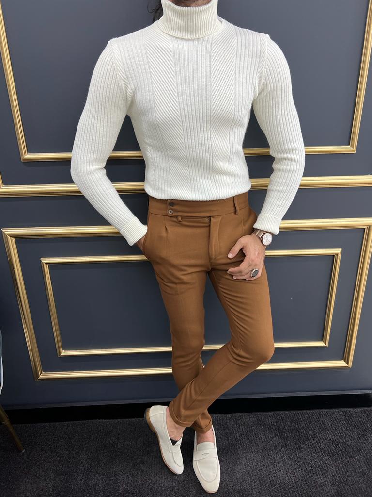 White Slim Fit Turtleneck Sweater for Men