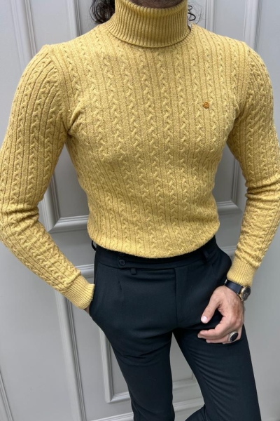 Yellow Slim Fit Turtleneck Striped Sweater for Men by GentWith.com with Free Worldwide Shipping