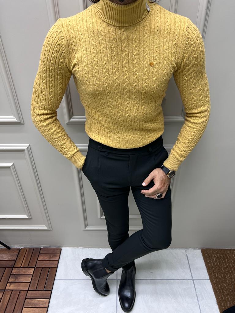 Yellow Slim Fit Turtleneck Striped Sweater for Men by GentWith.com with Free Worldwide Shipping