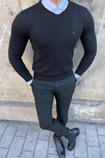 Black Slim Fit V-Neck Sweater for Men by GentWith.com with Free Worldwide Shipping