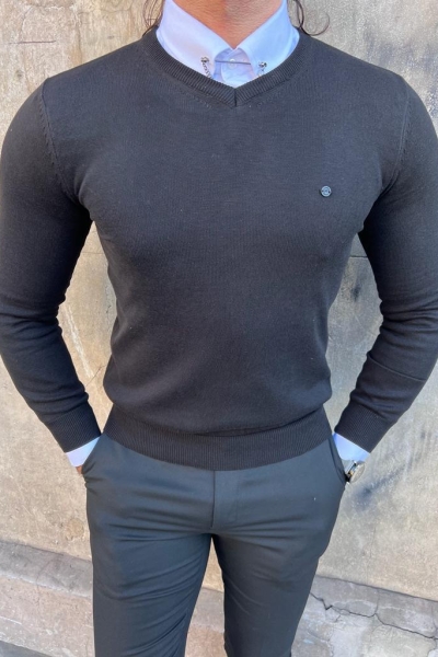 Black Slim Fit V-Neck Sweater for Men by GentWith.com with Free Worldwide Shipping