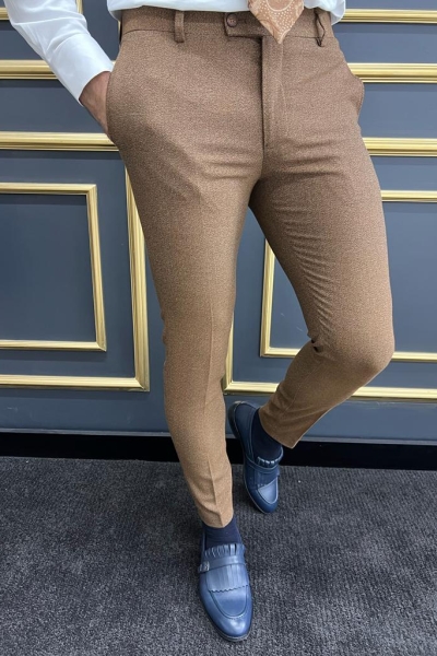 Camel Slim Fit Cotton Pants for Men by GentWith.com with Free Worldwide Shipping