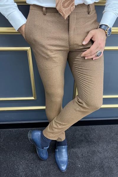 Camel Slim Fit Cotton Pants for Men by GentWith.com with Free Worldwide Shipping