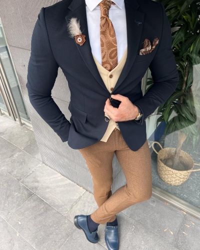 Dark Blue Slim Fit Blazer for Men by GentWith.com with Free Worldwide Shipping