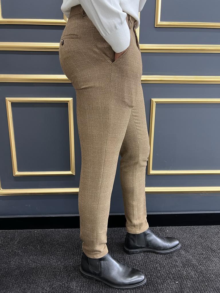 Camel Slim Fit Groom Wedding Wool Plaid Pants for Men