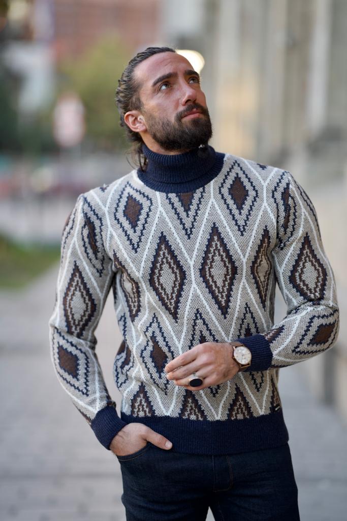 GentWith Sioux Dark Blue Slim Fit Patterned Turtleneck Sweater 