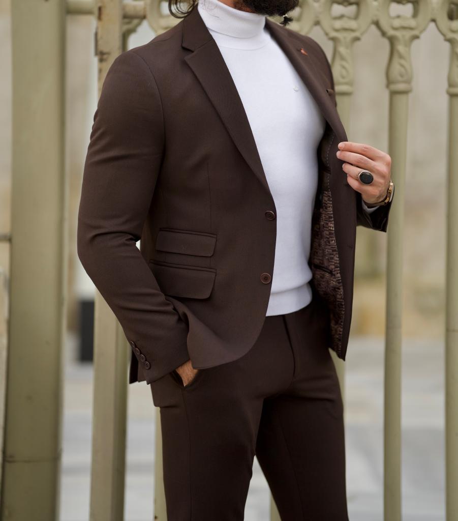 Dark Brown Slim Fit Notch Lapel Wool Suit for Men by GentWith.com with Free Worldwide Shipping