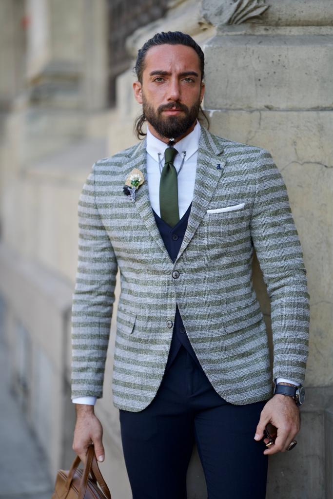 GentWith Sioux Green Slim Fit Notch Lapel Striped Blazer 