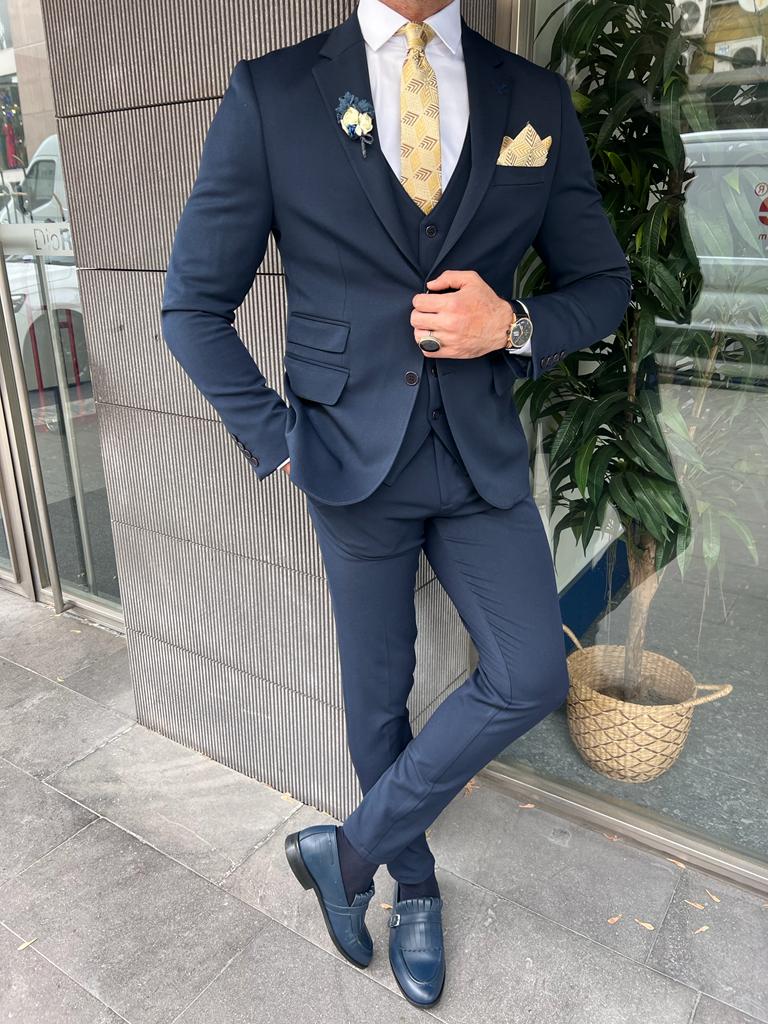 CB0510 Navy Blue Solid Color Wedding Suit For Men Groomsmen/Groom Tuxe –  classbydress