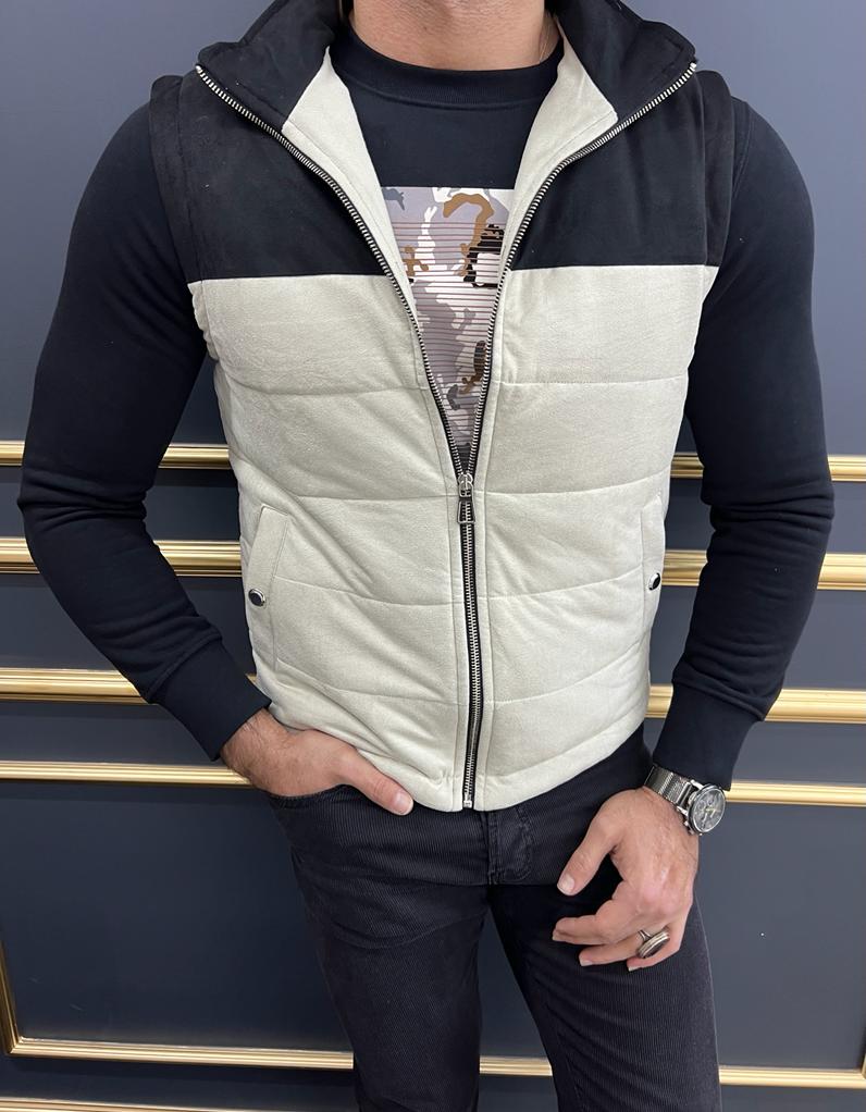 Slim Fit Men’s Beige Zippered Puffer Vest for Men by GentWith.com with Free Worldwide Shipping