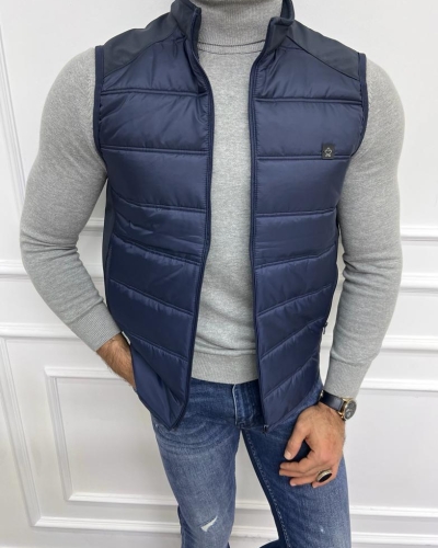 Slim Fit Men’s Navy Blue Zippered Puffer Vest for Men by GentWith.com with Free Worldwide Shipping