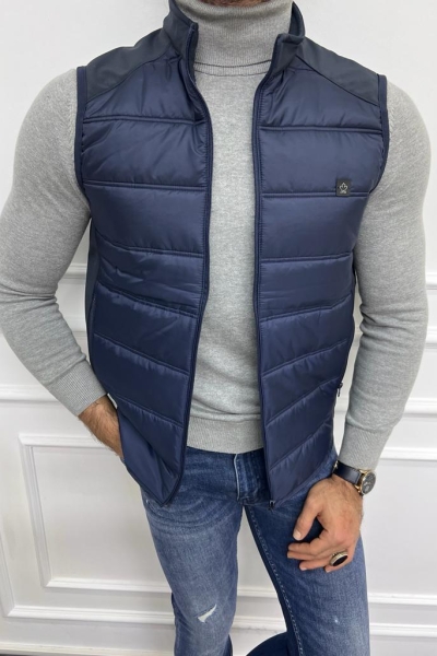 Slim Fit Men’s Navy Blue Zippered Puffer Vest for Men by GentWith.com with Free Worldwide Shipping