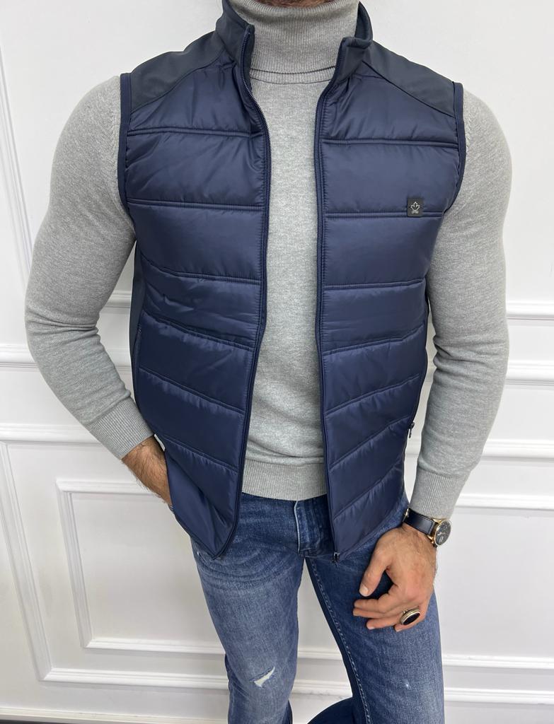 GentWith Akron Slim Fit Men’s Navy Blue Zippered Puffer Vest 