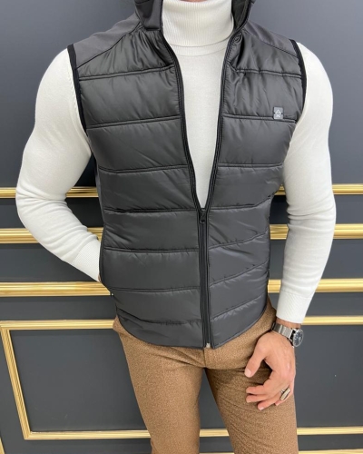 Slim Fit Men’s Black Zippered Puffer Vest for Men by GentWith.com with Free Worldwide Shipping