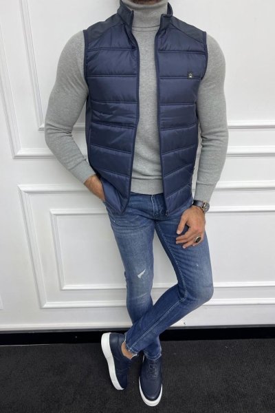 Slim Fit Men’s Navy Blue Zippered Puffer Vest for Men by GentWith.com with Free Worldwide Shipping