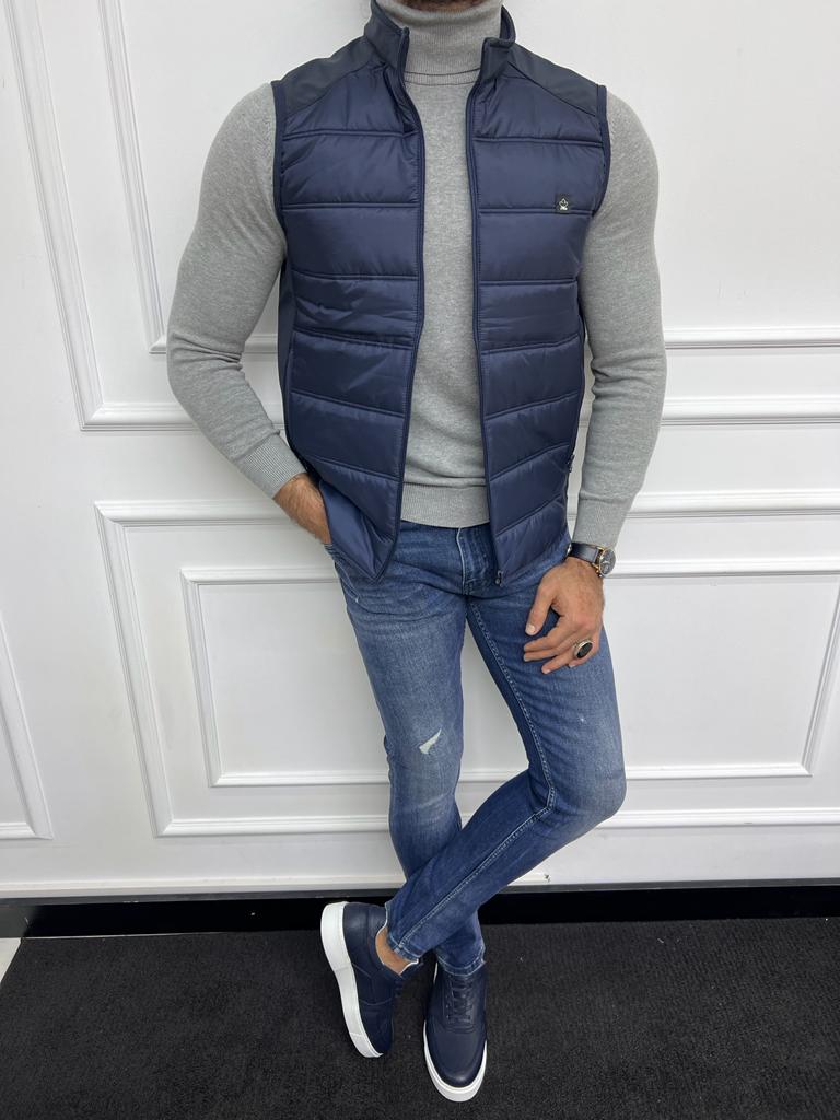 Navy Blue Slim Fit Zippered Puffer Vest for Men by 