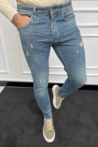 Blue Slim Fit Distress Jeans for Men by GentWith.com with Free Worldwide Shipping