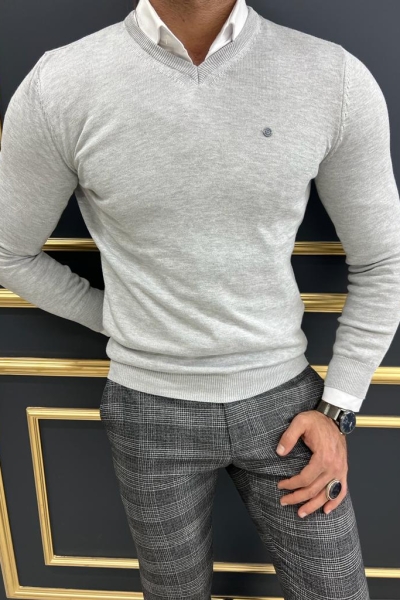 Gray Slim Fit V-Neck Sweater for Men by GentWith.com with Free Worldwide Shipping