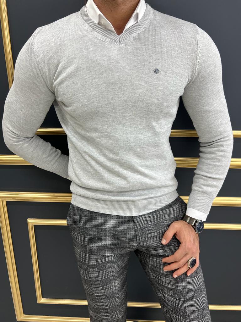 GentWith Empire Light Gray Slim Fit V-Neck Sweater 