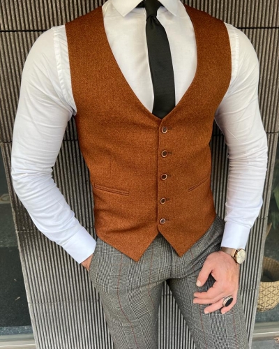 Rust Slim Fit Wool Vest for Men by GentWith.com with Free Worldwide Shipping