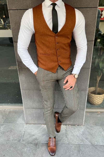 Rust Slim Fit Wool Vest for Men by GentWith.com with Free Worldwide Shipping