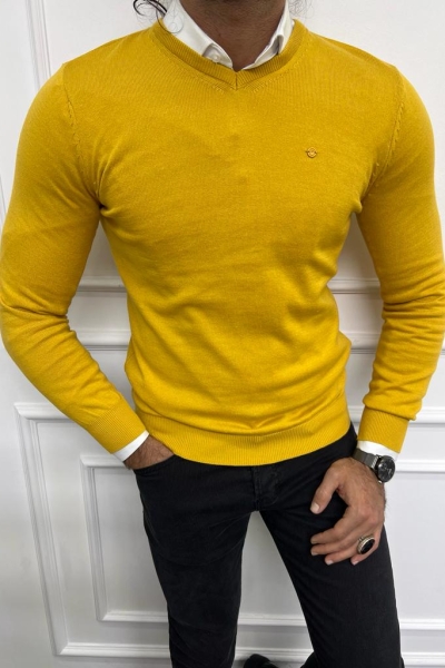 Yellow Slim Fit V-Neck Sweater for Men by GentWith.com with Free Worldwide Shipping