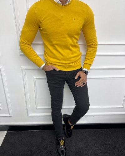 Yellow Slim Fit V-Neck Sweater for Men by GentWith.com with Free Worldwide Shipping