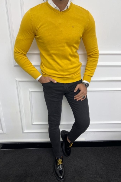 Yellow Slim Fit V-Neck Sweater for Men by GentWith.com with Free Worldwide Shipping