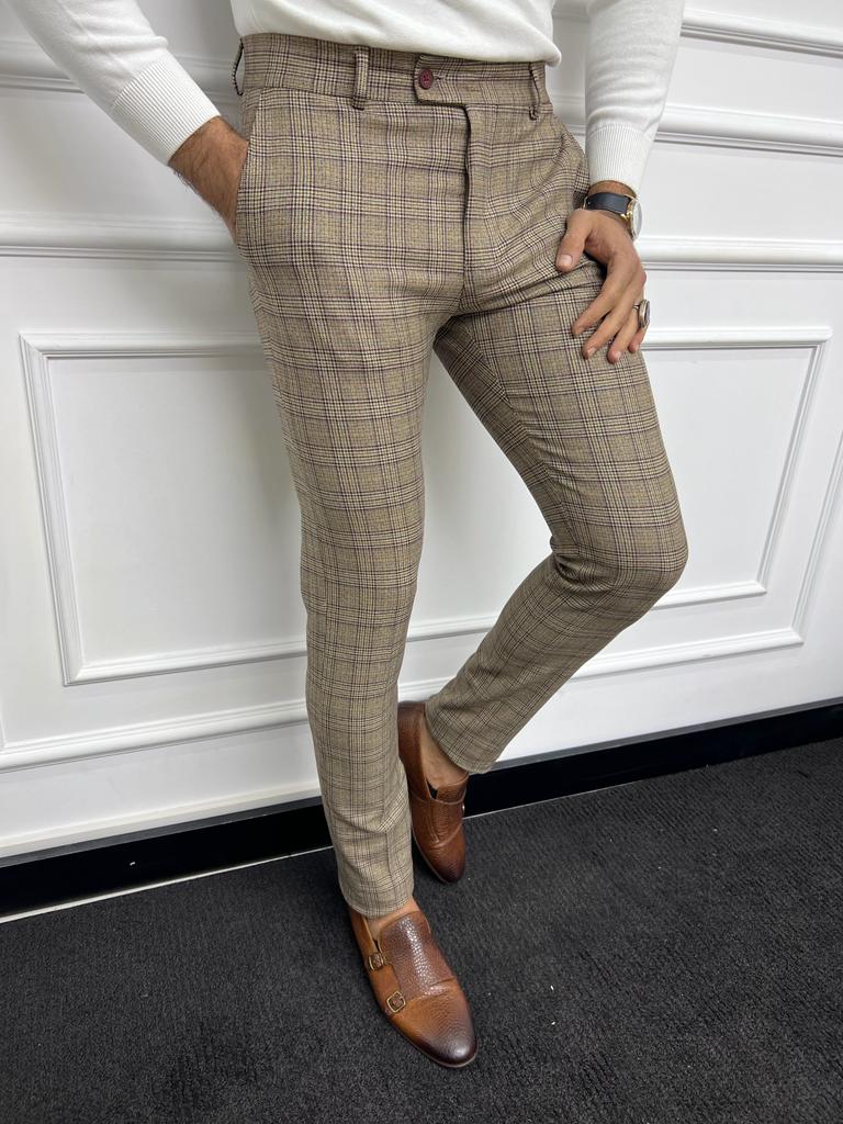 Camel Slim Fit Plaid Wool Pants for Men by GentWith.com with Free Worldwide Shipping