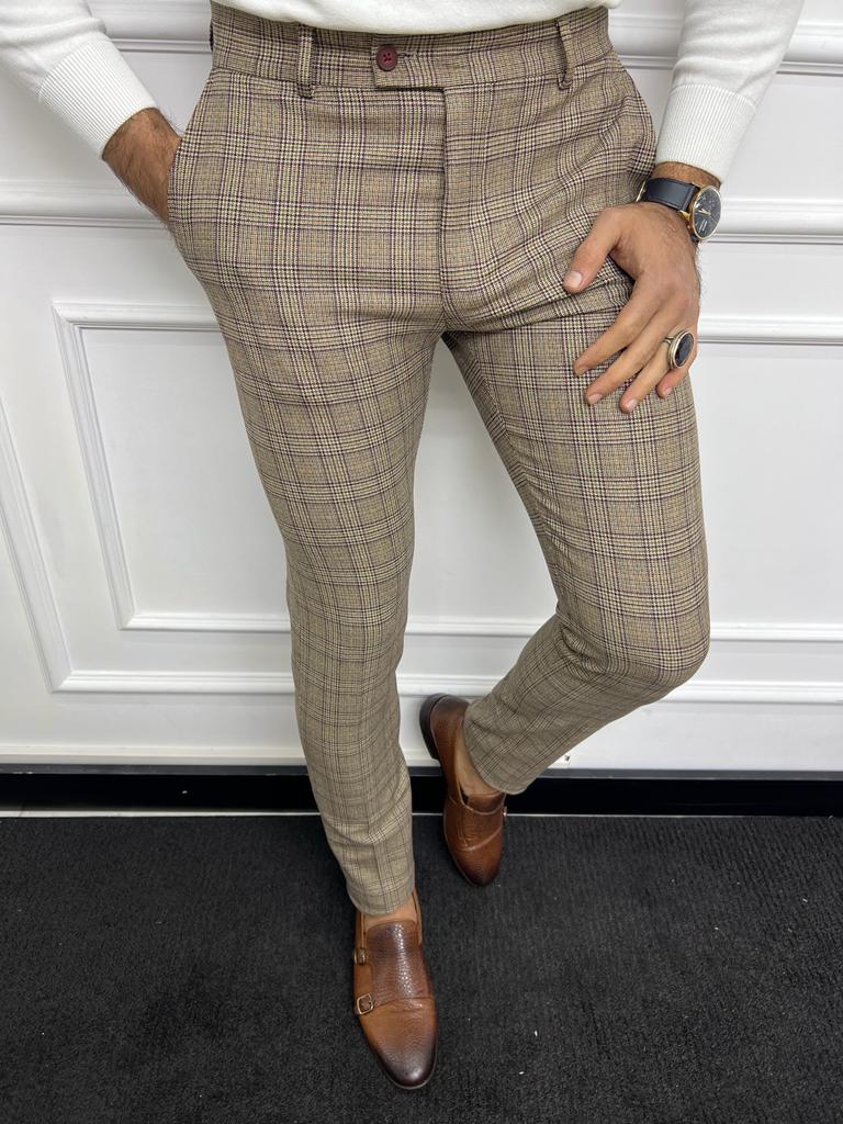 GentWith Laughlin Camel Slim Fit Plaid Wool Pants