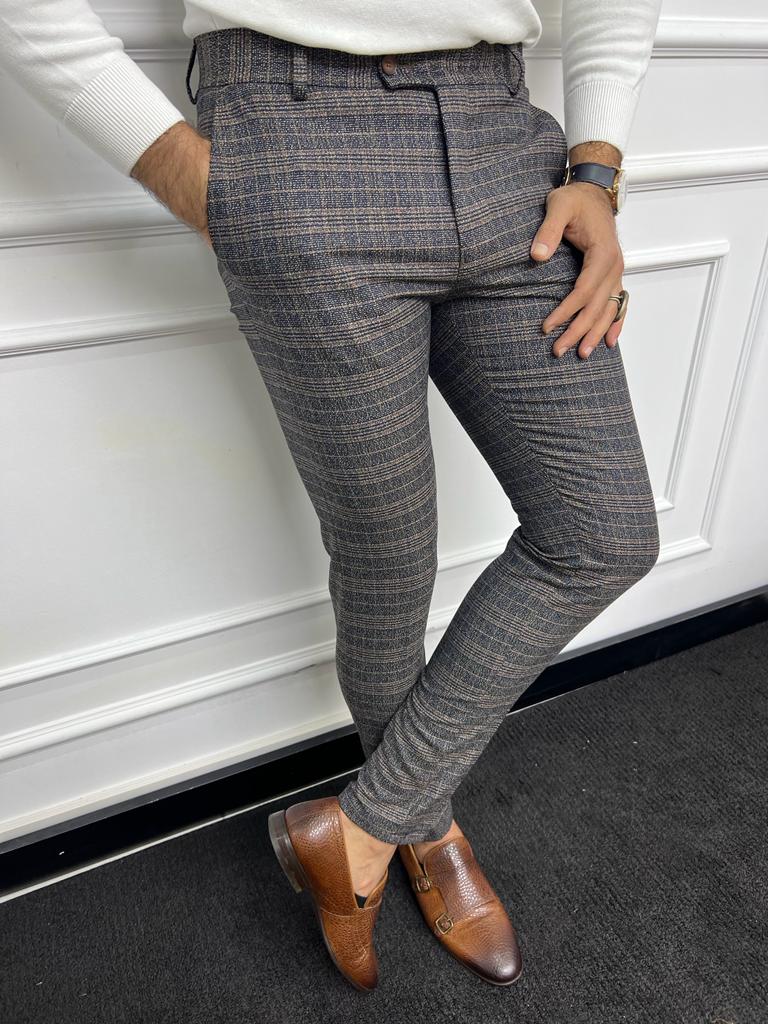 GentWith Laughlin Navy Blue Slim Fit Plaid Wool Pants