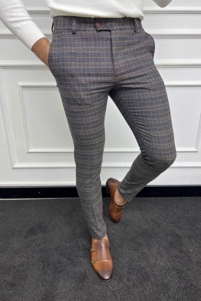 Navy Blue Slim Fit Plaid Wool Pants for Men by GentWith.com with Free Worldwide Shipping