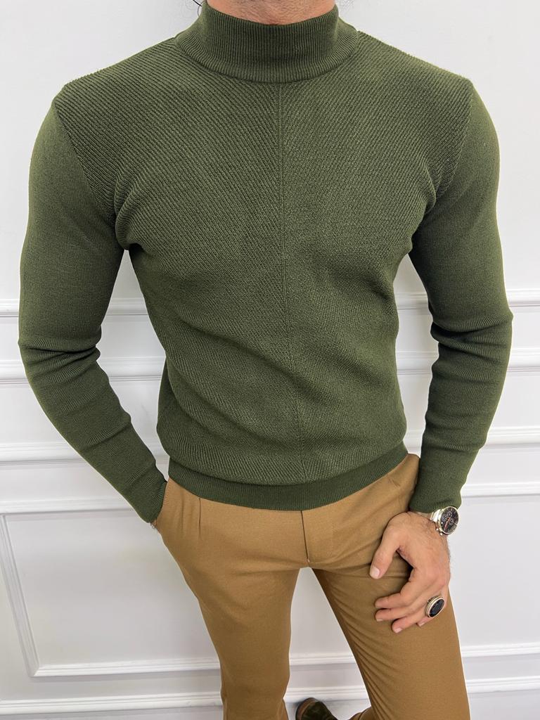 Green Slim Fit Mock Turtleneck Sweater for Men by GentWith.com with Free Worldwide Shipping
