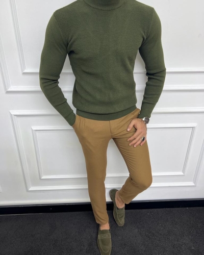 Green Slim Fit Mock Turtleneck Sweater for Men by GentWith.com with Free Worldwide Shipping