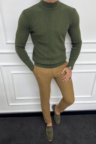 Green Slim Fit Mock Turtleneck Sweater for Men by GentWith.com with Free Worldwide Shipping