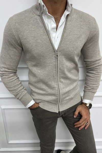 Beige Slim Fit Cardigan for Men by GentWith.com with Free Worldwide Shipping