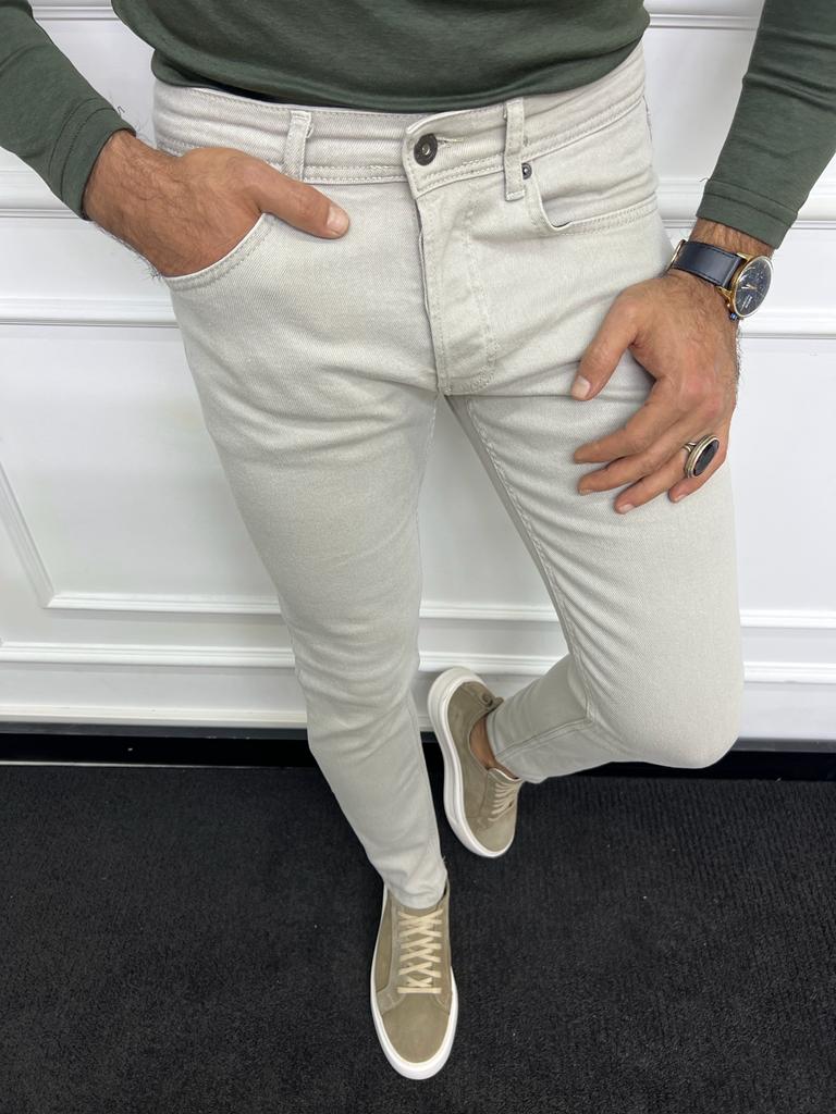 Beige Slim Fit Jeans for Men by GentWith.com with Free Worldwide Shipping