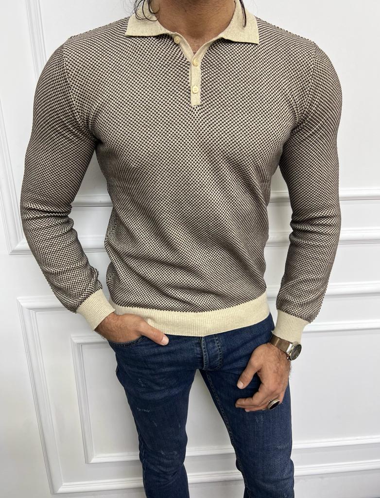 Beige Slim Fit Polo Sweater for Men by GentWith.com with Free Worldwide Shipping