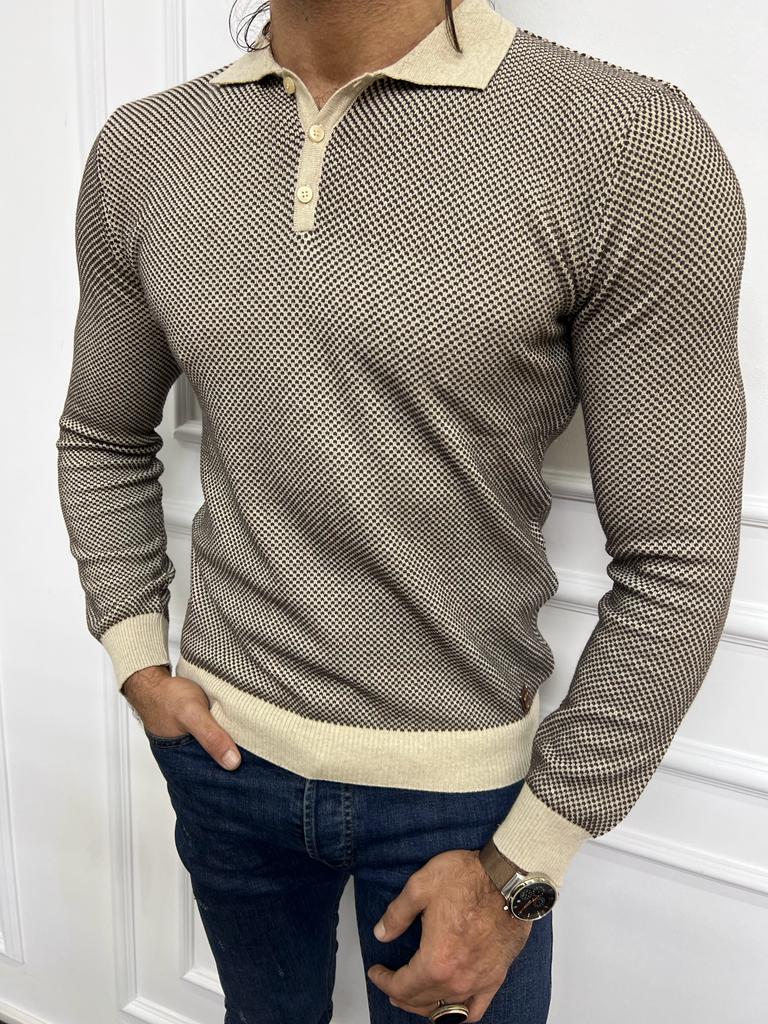 Beige Slim Fit Polo Sweater for Men by GentWith.com with Free Worldwide Shipping