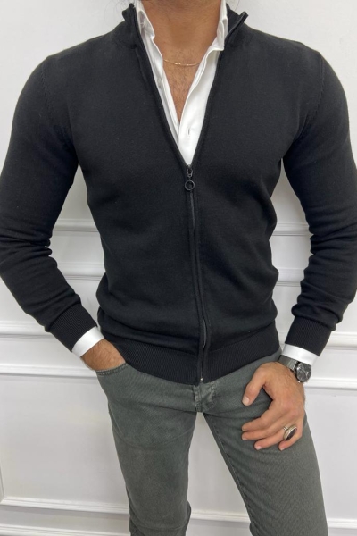 Black Slim Fit Cardigan for Men by GentWith.com with Free Worldwide Shipping