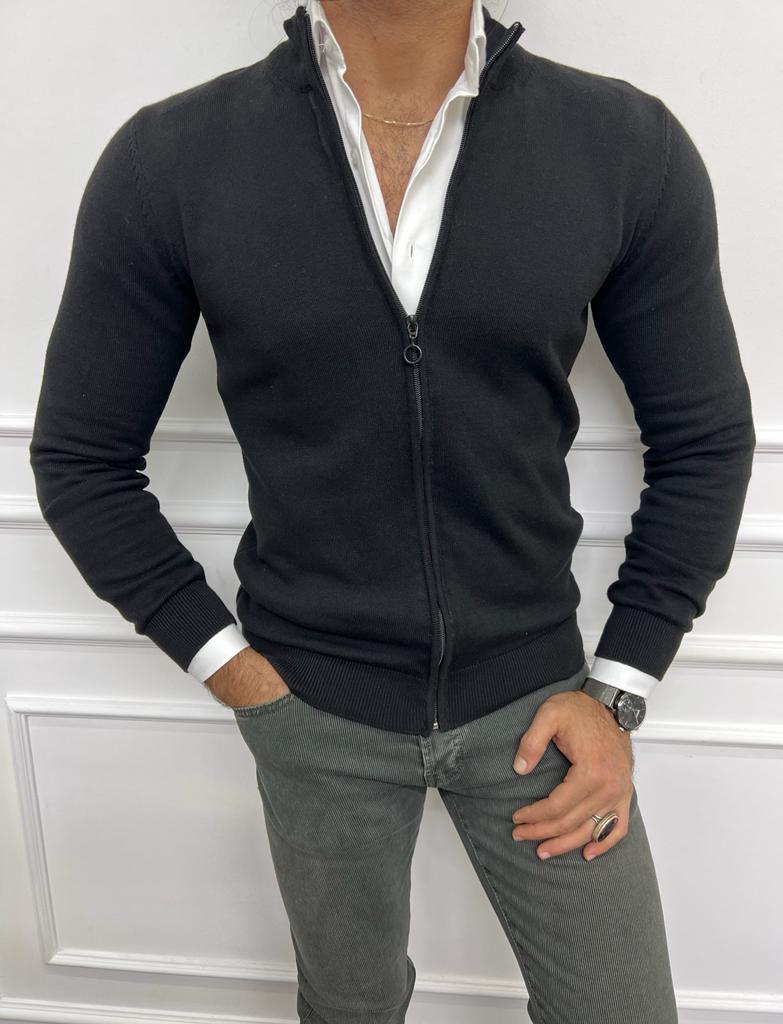 Black Slim Fit Cardigan for Men by GentWith.com with Free Worldwide Shipping