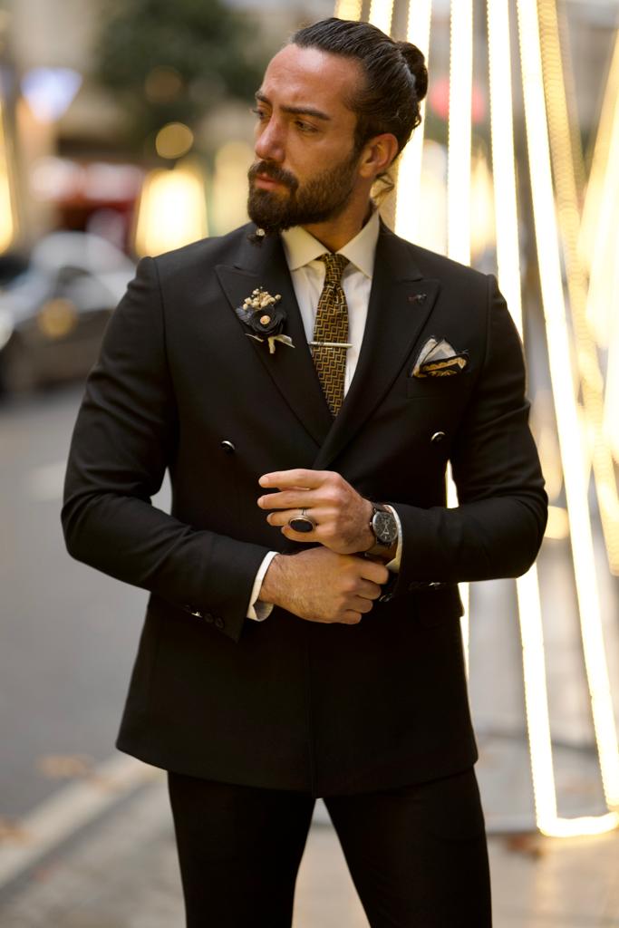 Black Slim Fit Double Breasted Wool Suit by GentWith.com with Free Worldwide Shipping
