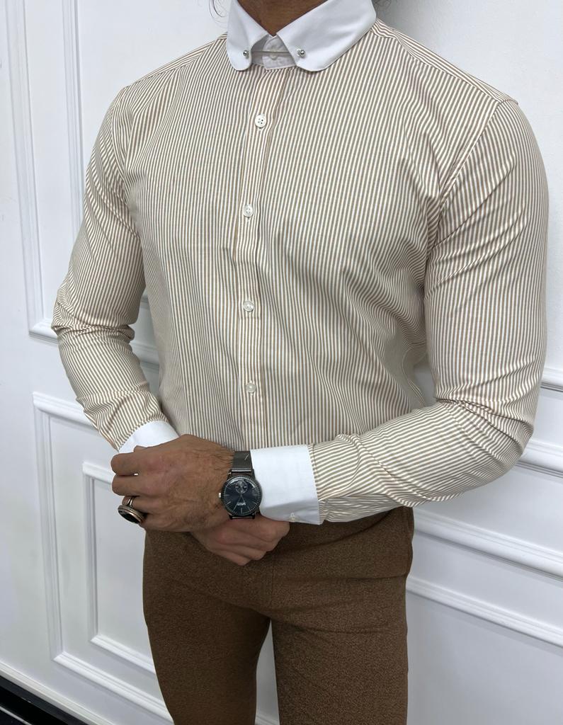 Beige Slim Fit Needle Collar Striped Shirt for Men by GentWith.com