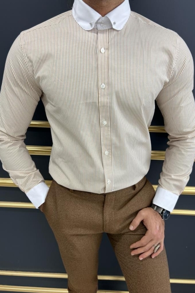 Beige Needle Collar Striped Shirt for Men by GentWith.com with Free Worldwide Shipping