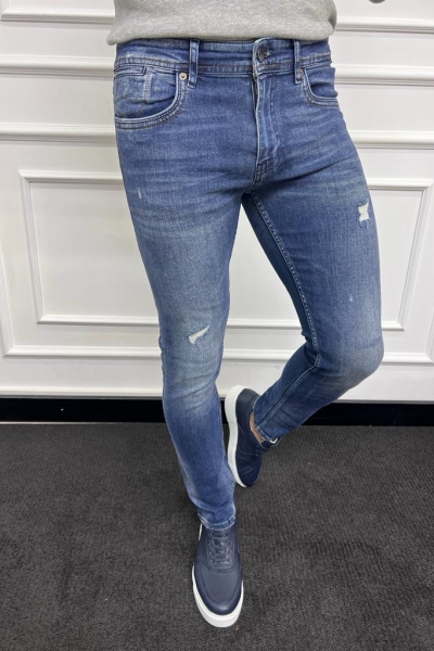 Blue Slim Fit Distress Jeans for Men by GentWith.com with Free Worldwide Shipping